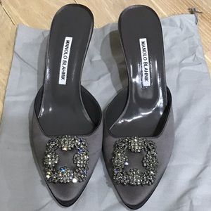 Manolo Blahnik Hangisi 70 Satin Mules Grey Shoes